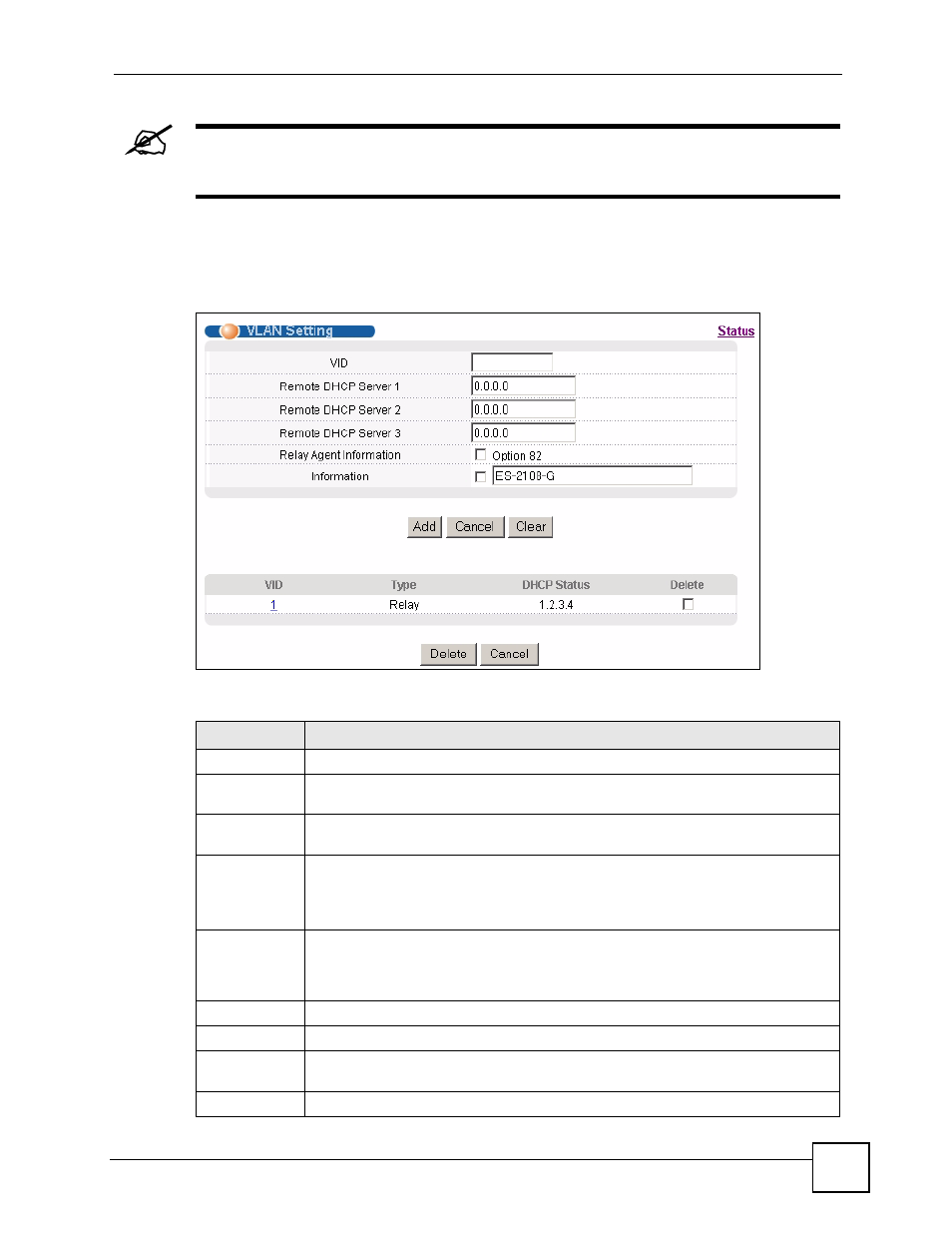 Figure 113 ip application > dhcp > vlan, Table 72 ip application > dhcp > vlan | ZyXEL Communications ES-2108 Series User Manual | Page 193 / 283