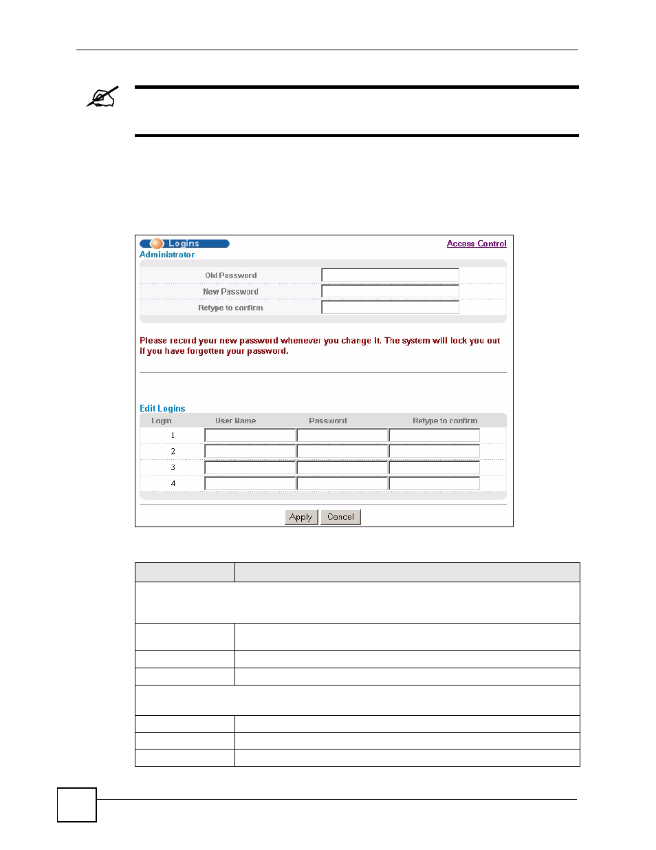 Figure 125 management > access control > logins, Table 86 management > access control > logins | ZyXEL Communications ES-2108 Series User Manual | Page 212 / 283