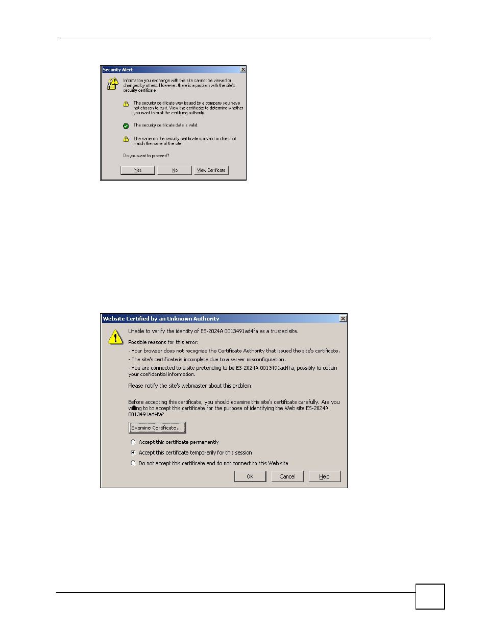 2 netscape navigator warning messages, Figure 131 security certificate 1 (netscape) | ZyXEL Communications ES-2108 Series User Manual | Page 217 / 283