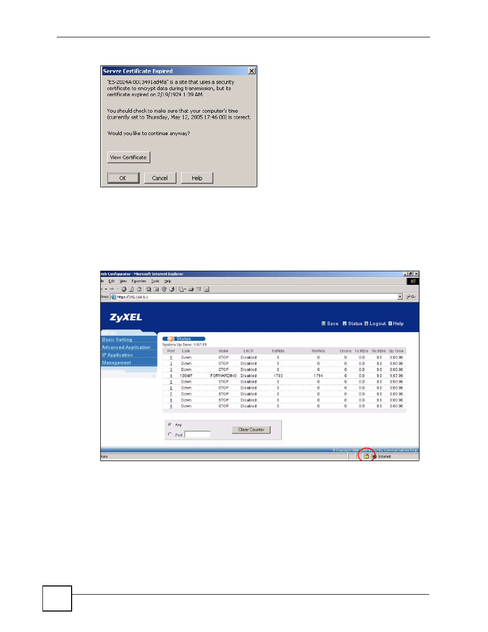 3 the main screen, 10 service port access control, Figure 132 security certificate 2 (netscape) | ZyXEL Communications ES-2108 Series User Manual | Page 218 / 283