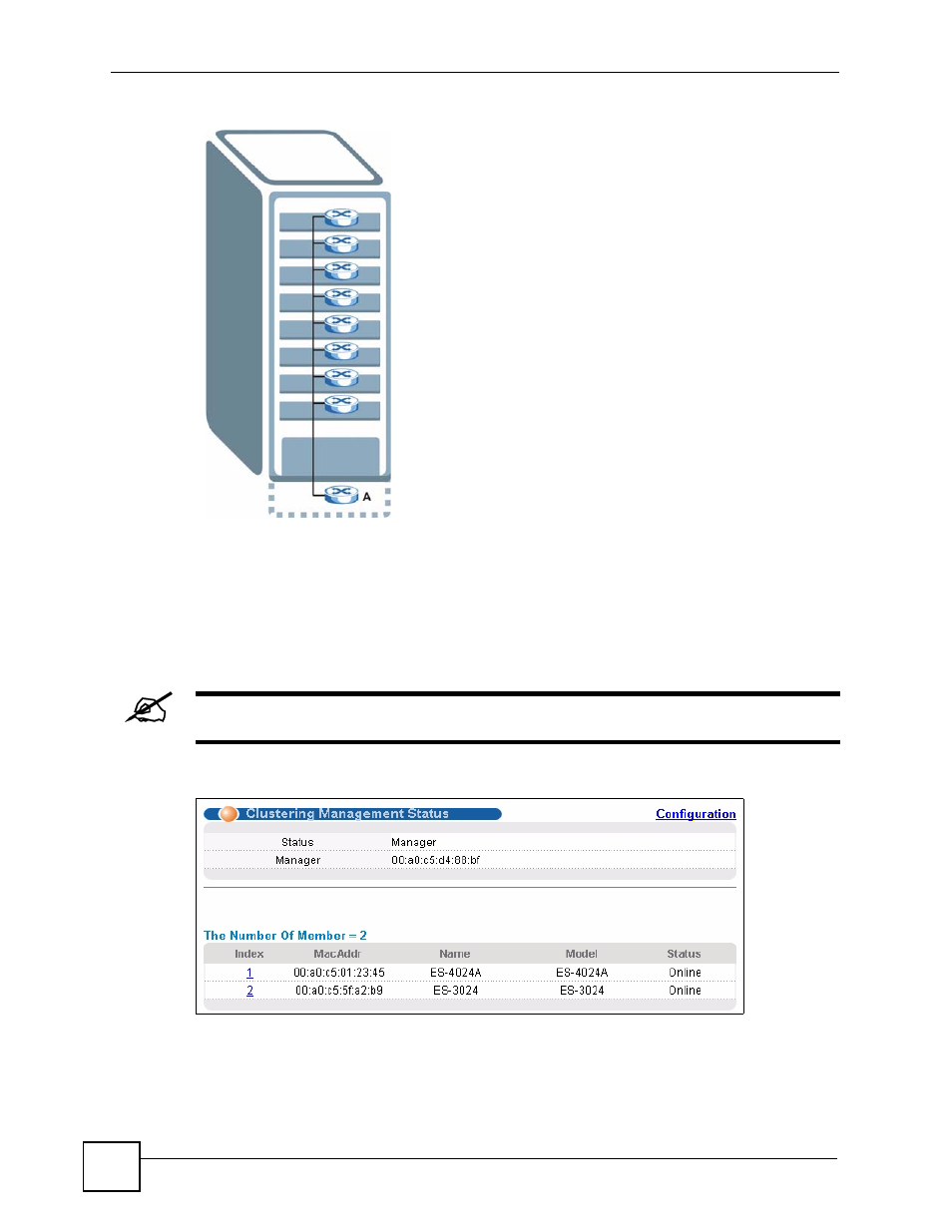 2 clustering management status, Figure 139 clustering application example, Figure 140 management > cluster management: status | ZyXEL Communications ES-2108 Series User Manual | Page 228 / 283