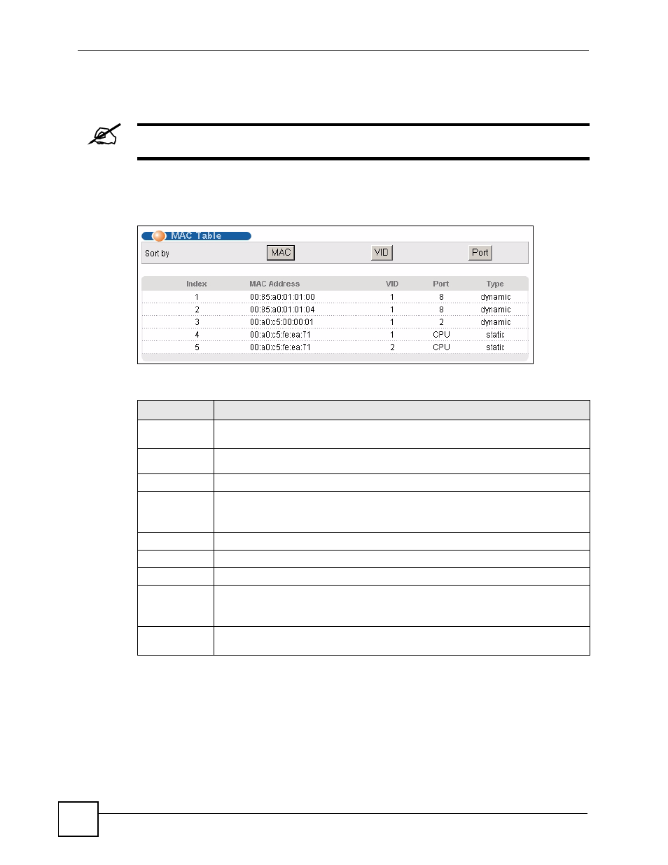 2 viewing the mac table, Figure 145 management > mac table, Table 97 management > mac table | ZyXEL Communications ES-2108 Series User Manual | Page 234 / 283