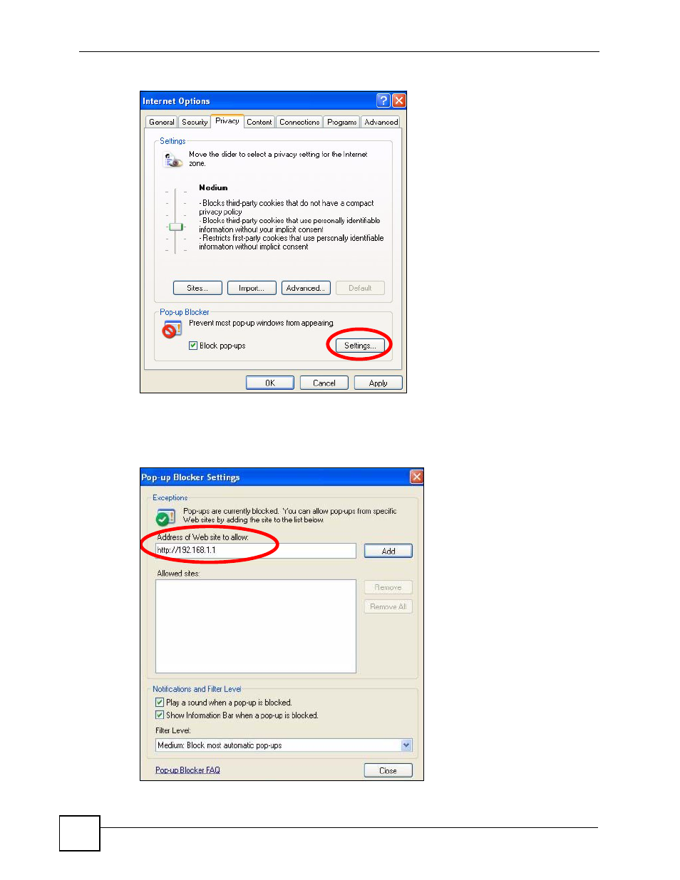 Figure 150 internet options, Figure 151 pop-up blocker settings | ZyXEL Communications ES-2108 Series User Manual | Page 244 / 283