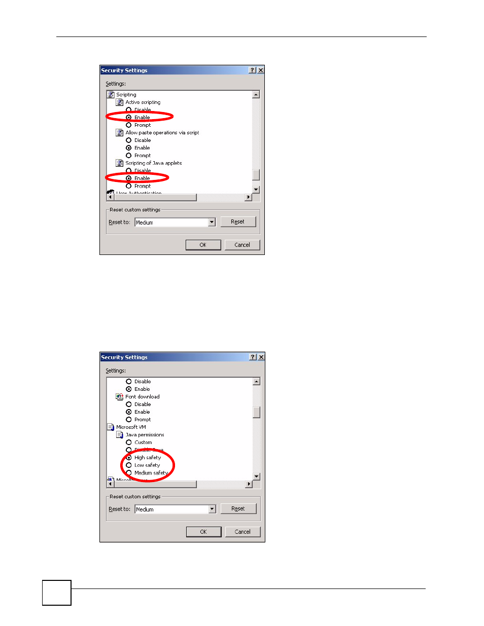 Figure 153 security settings - java scripting, Figure 154 security settings - java | ZyXEL Communications ES-2108 Series User Manual | Page 246 / 283