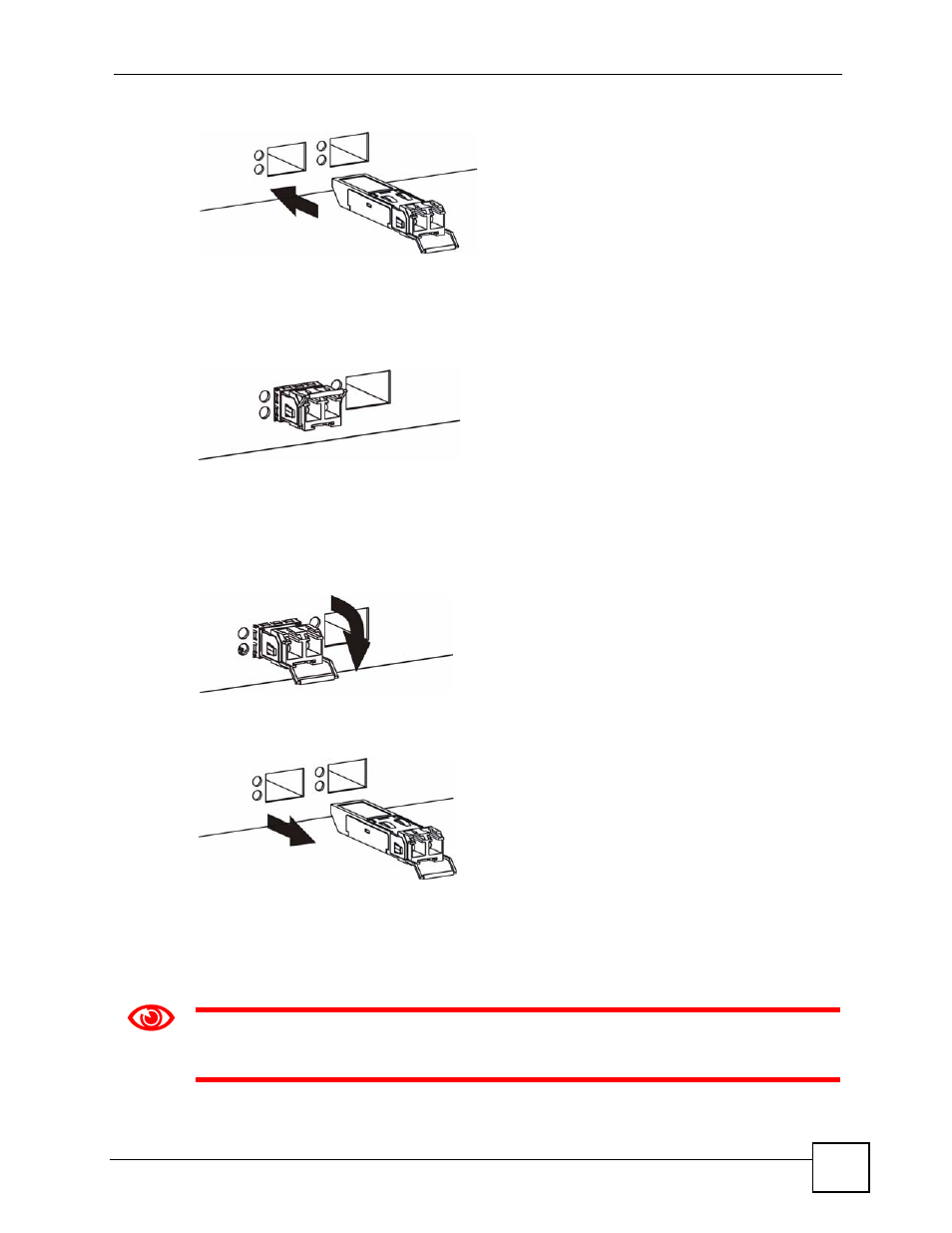 5 100 base-fx fiber-optic port, Figure 14 transceiver installation example, Figure 15 installed transceiver | Figure 16 opening the transceiver’s latch example, Figure 17 transceiver removal example | ZyXEL Communications ES-2108 Series User Manual | Page 45 / 283