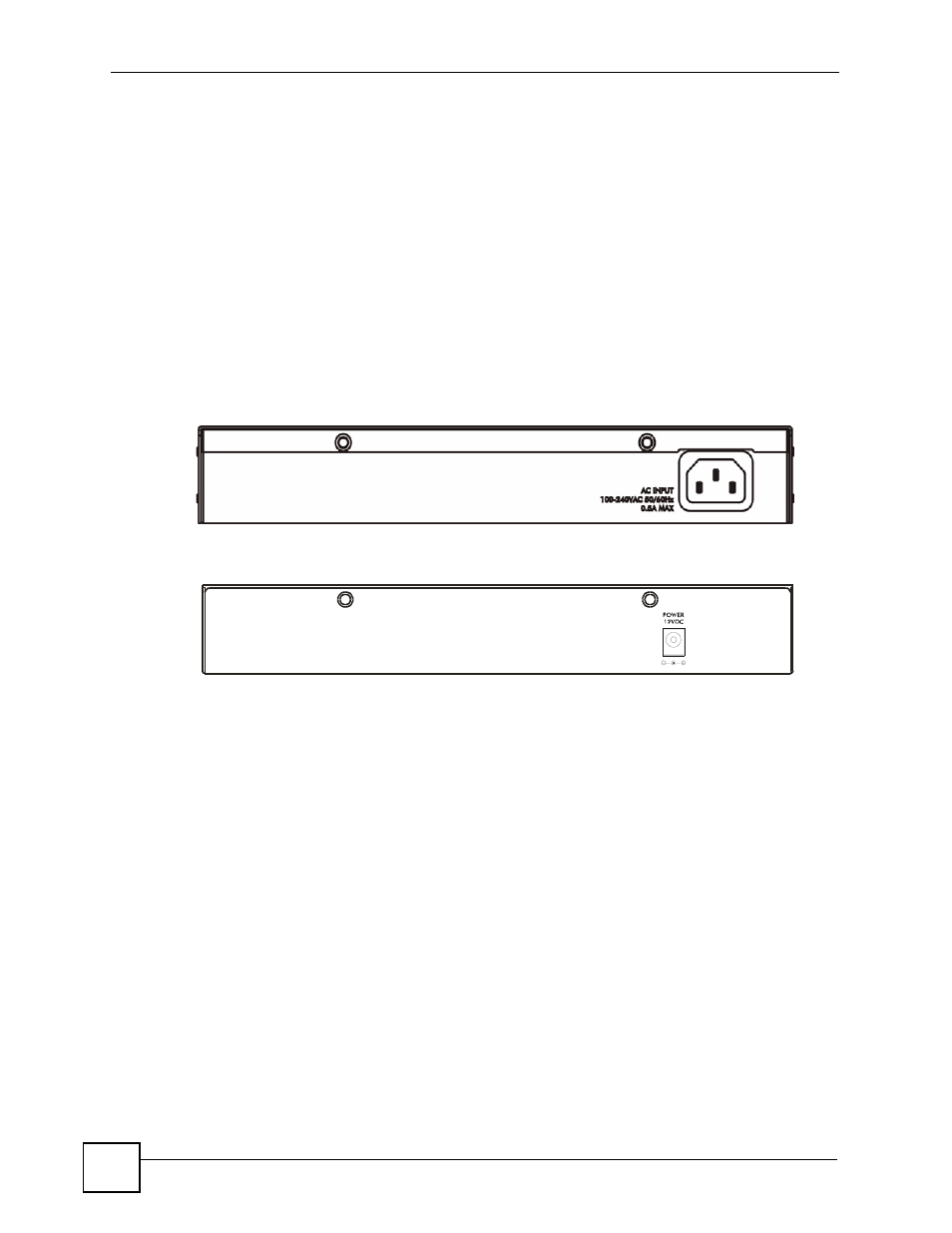 2 rear panel, 1 power connections, Figure 18 rear panel (ac model) | Figure 19 rear panel (dc model) | ZyXEL Communications ES-2108 Series User Manual | Page 46 / 283