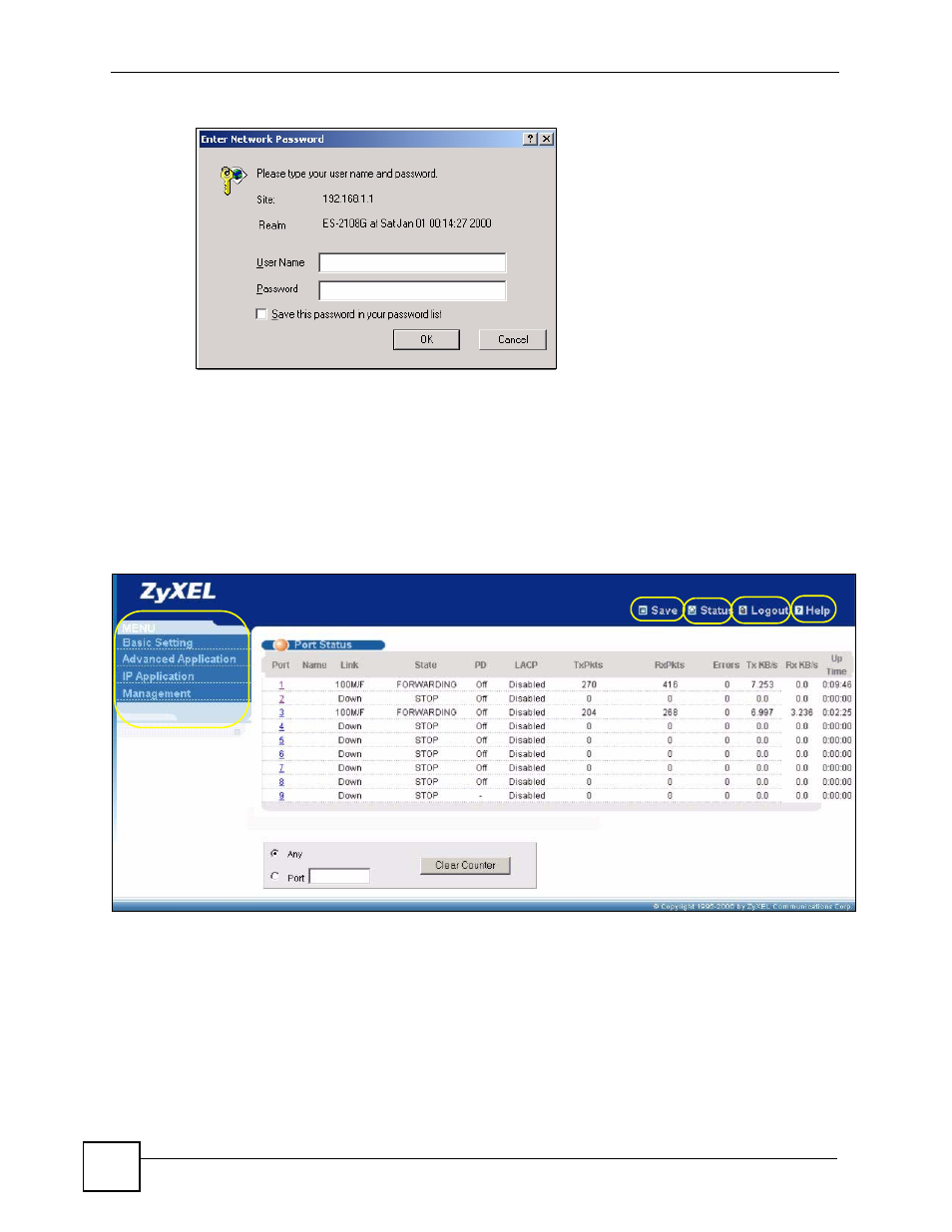 3 the status screen, Figure 20 web configurator: login, Figure 21 web configurator home screen (status) | Ab c d e | ZyXEL Communications ES-2108 Series User Manual | Page 52 / 283