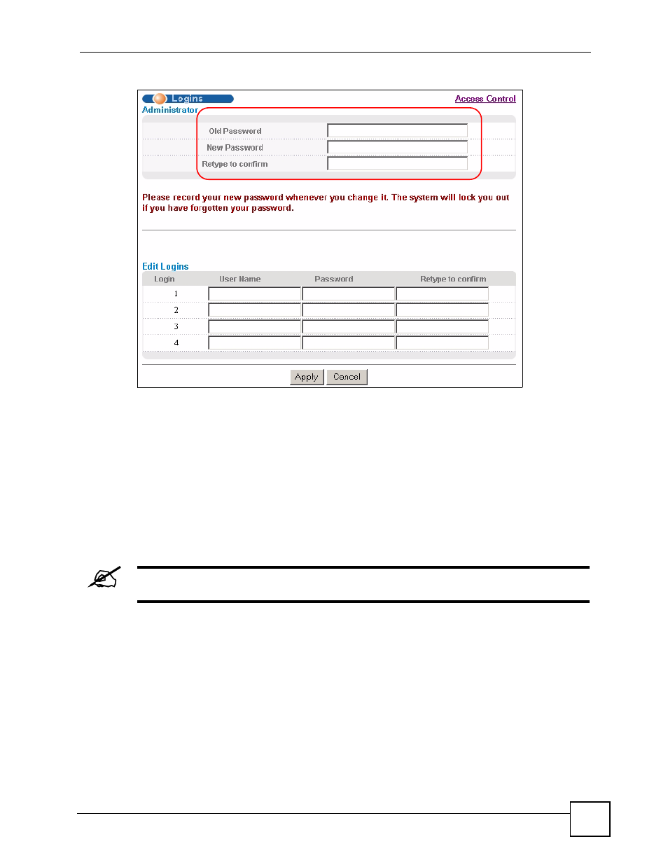 4 saving your configuration, 5 switch lockout, Figure 22 management > access control > logins | ZyXEL Communications ES-2108 Series User Manual | Page 57 / 283