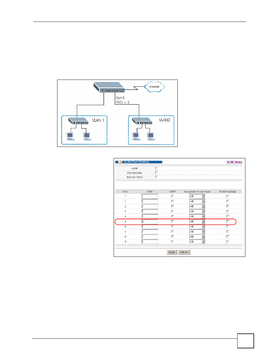 2 setting port vid, 3 configuring the management ip address, Figure 26 initial setup network example: port vid | ZyXEL Communications ES-2108 Series User Manual | Page 63 / 283