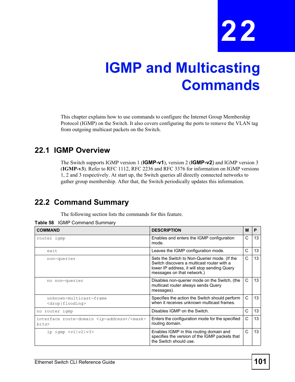 Igmp and multicasting commands, 1 igmp overview, 2 command summary | Igmp and multicasting commands (101) | ZyXEL Communications ZyXEL Dimension ES-2024PWR User Manual | Page 101 / 286
