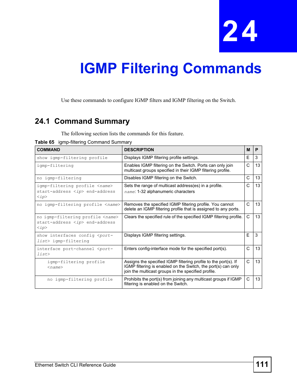 Igmp filtering commands, 1 command summary, Igmp filtering commands (111) | ZyXEL Communications ZyXEL Dimension ES-2024PWR User Manual | Page 111 / 286