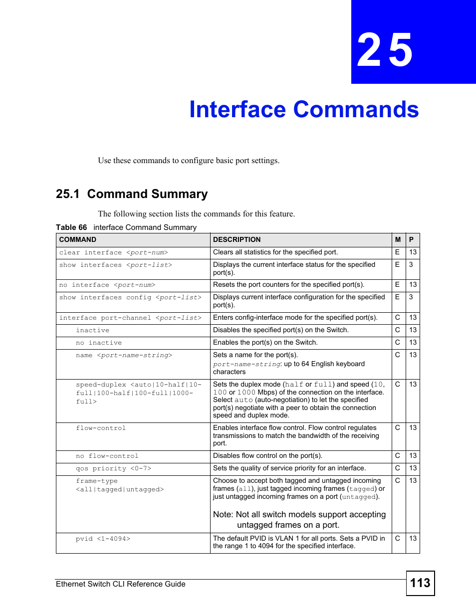 Interface commands, 1 command summary, Interface commands (113) | ZyXEL Communications ZyXEL Dimension ES-2024PWR User Manual | Page 113 / 286