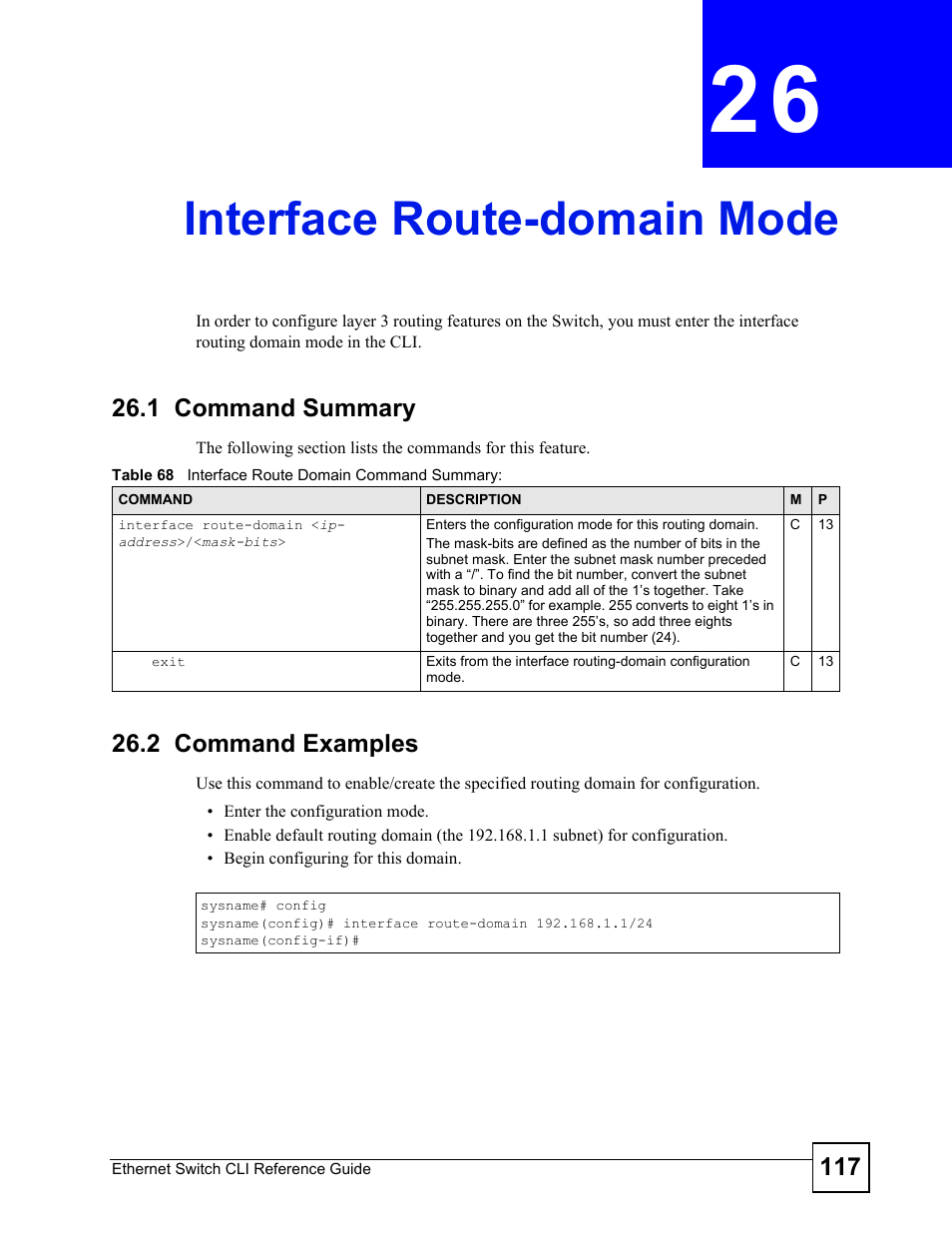 Interface route-domain mode, 1 command summary, 2 command examples | Interface route-domain mode (117) | ZyXEL Communications ZyXEL Dimension ES-2024PWR User Manual | Page 117 / 286