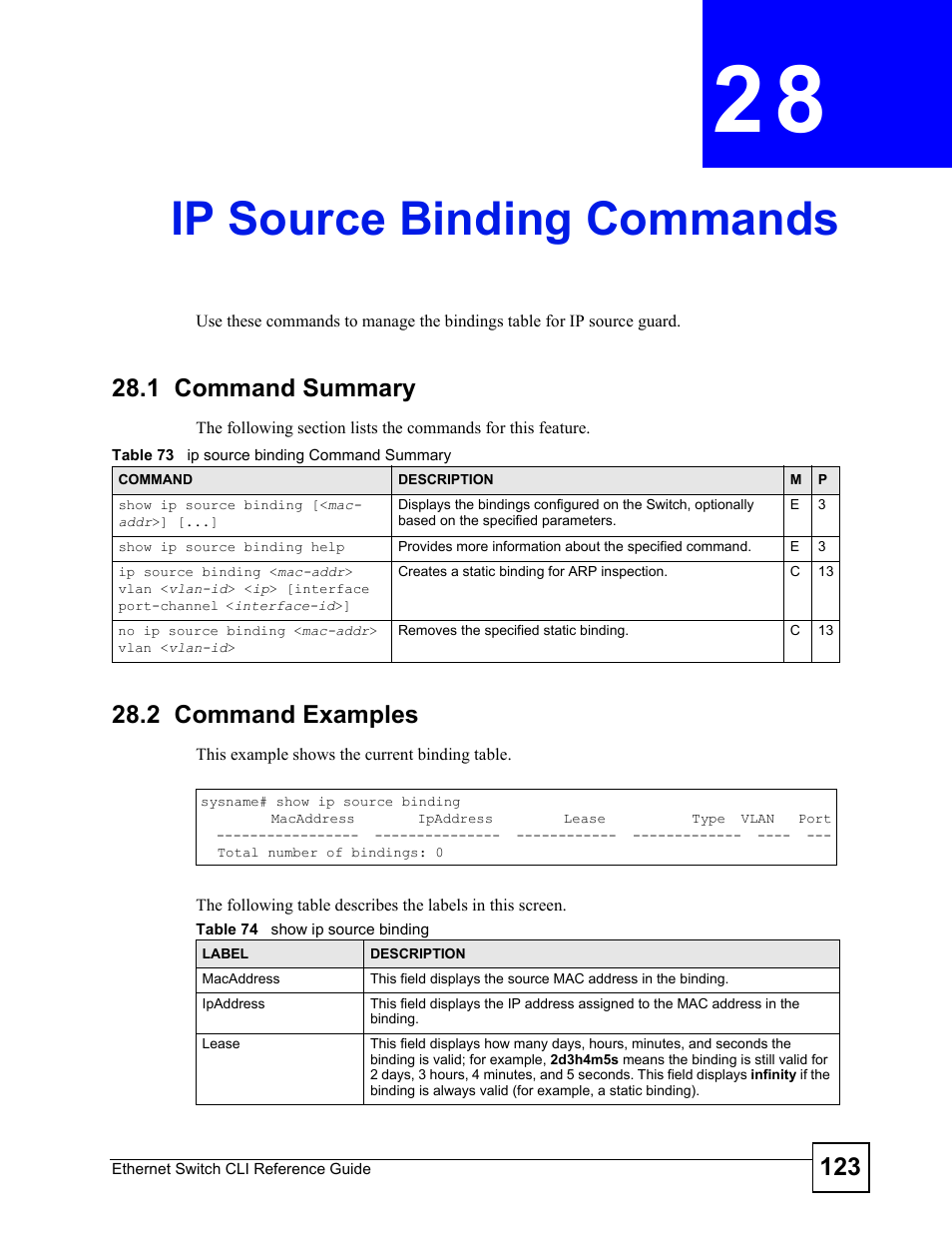 Ip source binding commands, 1 command summary, 2 command examples | Ip source binding commands (123) | ZyXEL Communications ZyXEL Dimension ES-2024PWR User Manual | Page 123 / 286