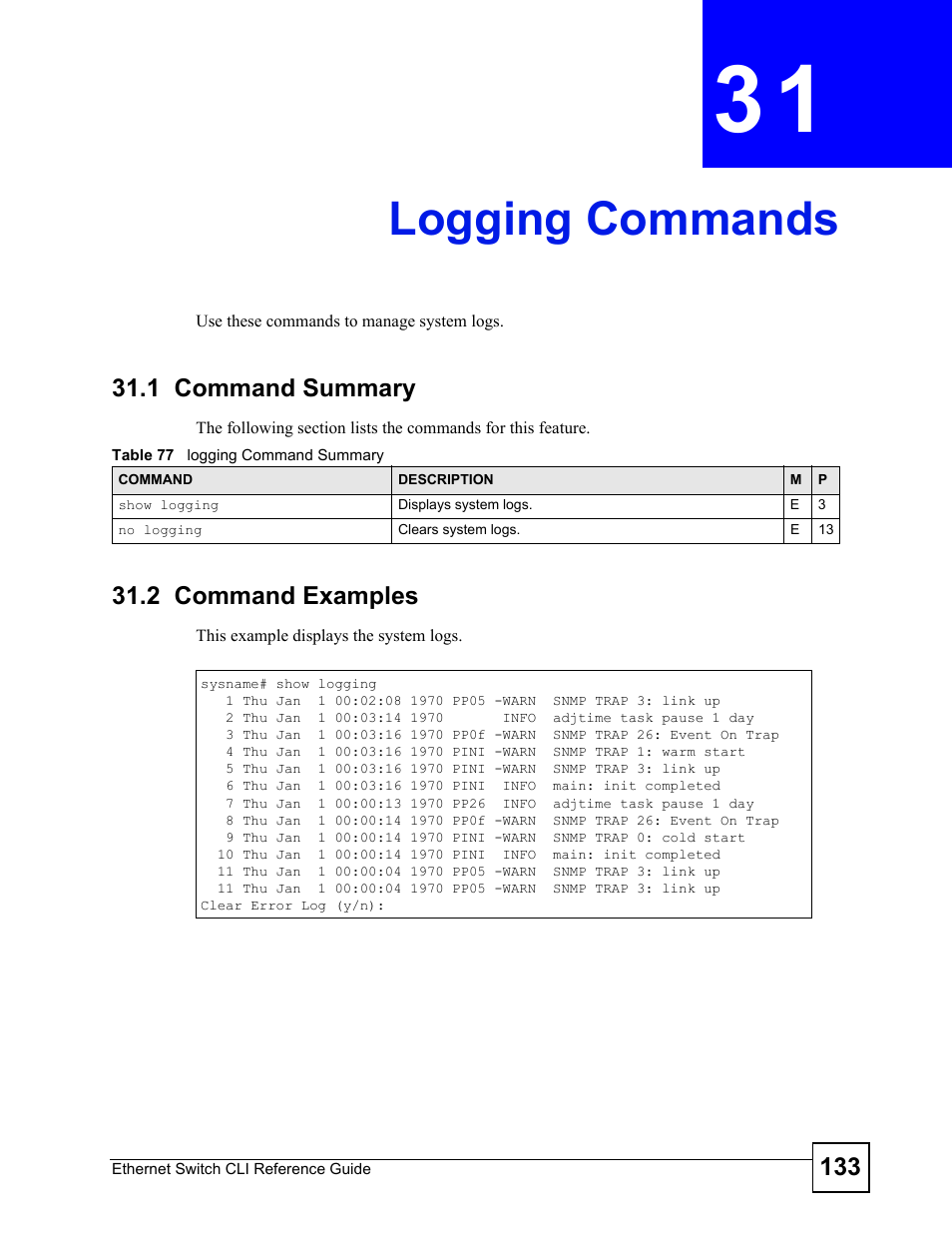 Logging commands, 1 command summary, 2 command examples | Logging commands (133) | ZyXEL Communications ZyXEL Dimension ES-2024PWR User Manual | Page 133 / 286