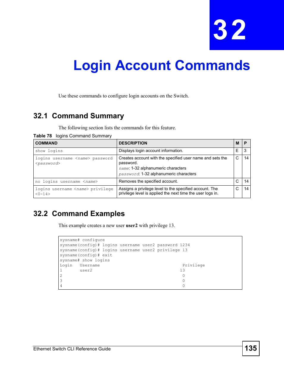Login account commands, 1 command summary, 2 command examples | Login account commands (135) | ZyXEL Communications ZyXEL Dimension ES-2024PWR User Manual | Page 135 / 286