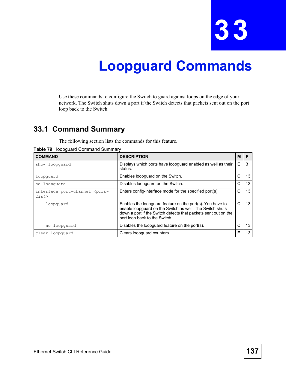Loopguard commands, 1 command summary, Loopguard commands (137) | ZyXEL Communications ZyXEL Dimension ES-2024PWR User Manual | Page 137 / 286