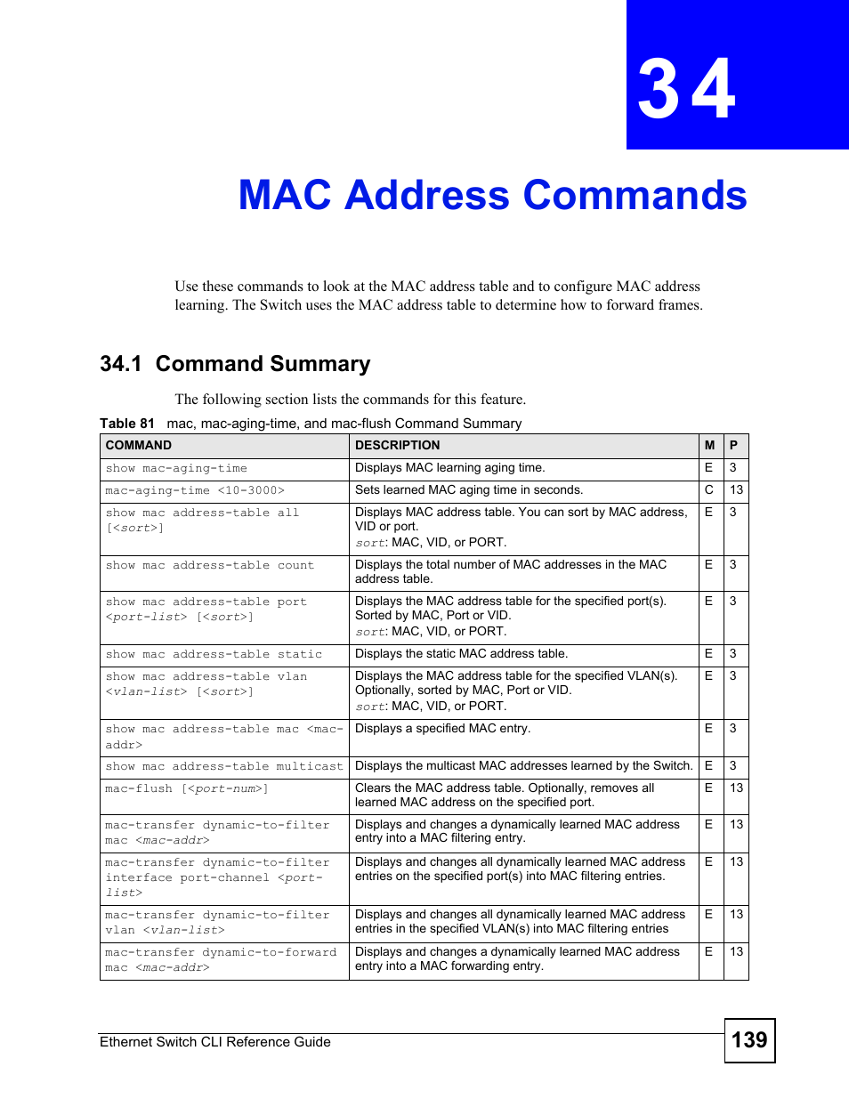 Mac address commands, 1 command summary, Mac address commands (139) | ZyXEL Communications ZyXEL Dimension ES-2024PWR User Manual | Page 139 / 286