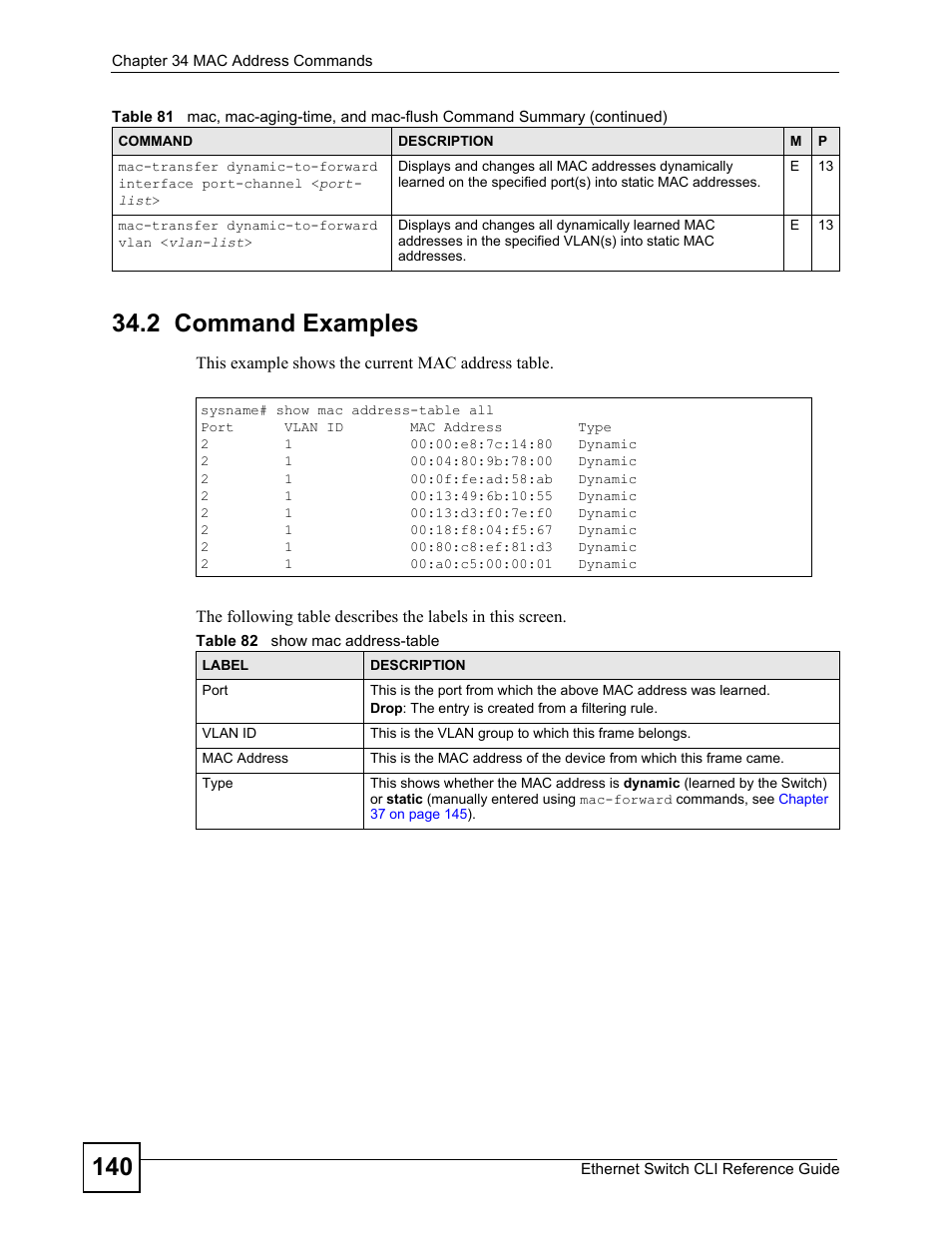 2 command examples | ZyXEL Communications ZyXEL Dimension ES-2024PWR User Manual | Page 140 / 286