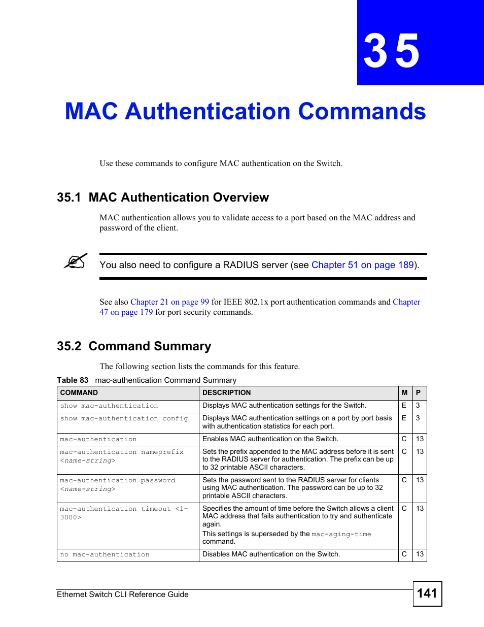 Mac authentication commands, 1 mac authentication overview, 2 command summary | Mac authentication commands (141) | ZyXEL Communications ZyXEL Dimension ES-2024PWR User Manual | Page 141 / 286
