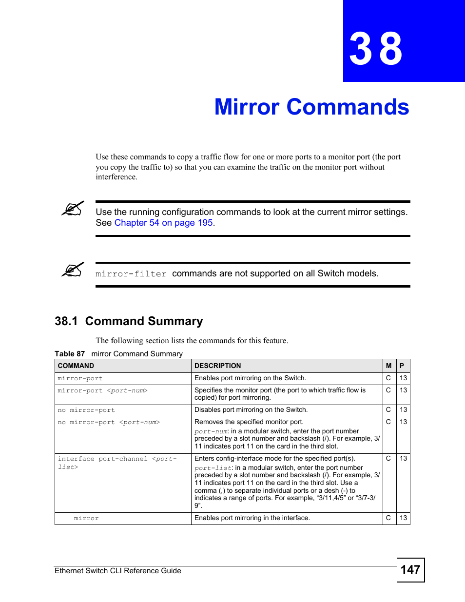 Mirror commands, 1 command summary, Mirror commands (147) | ZyXEL Communications ZyXEL Dimension ES-2024PWR User Manual | Page 147 / 286