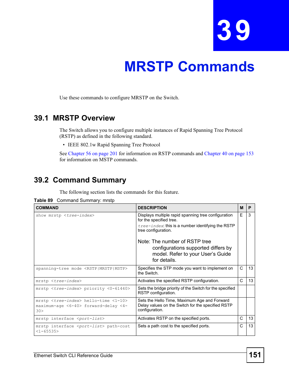 Mrstp commands, 1 mrstp overview, 2 command summary | Mrstp commands (151) | ZyXEL Communications ZyXEL Dimension ES-2024PWR User Manual | Page 151 / 286
