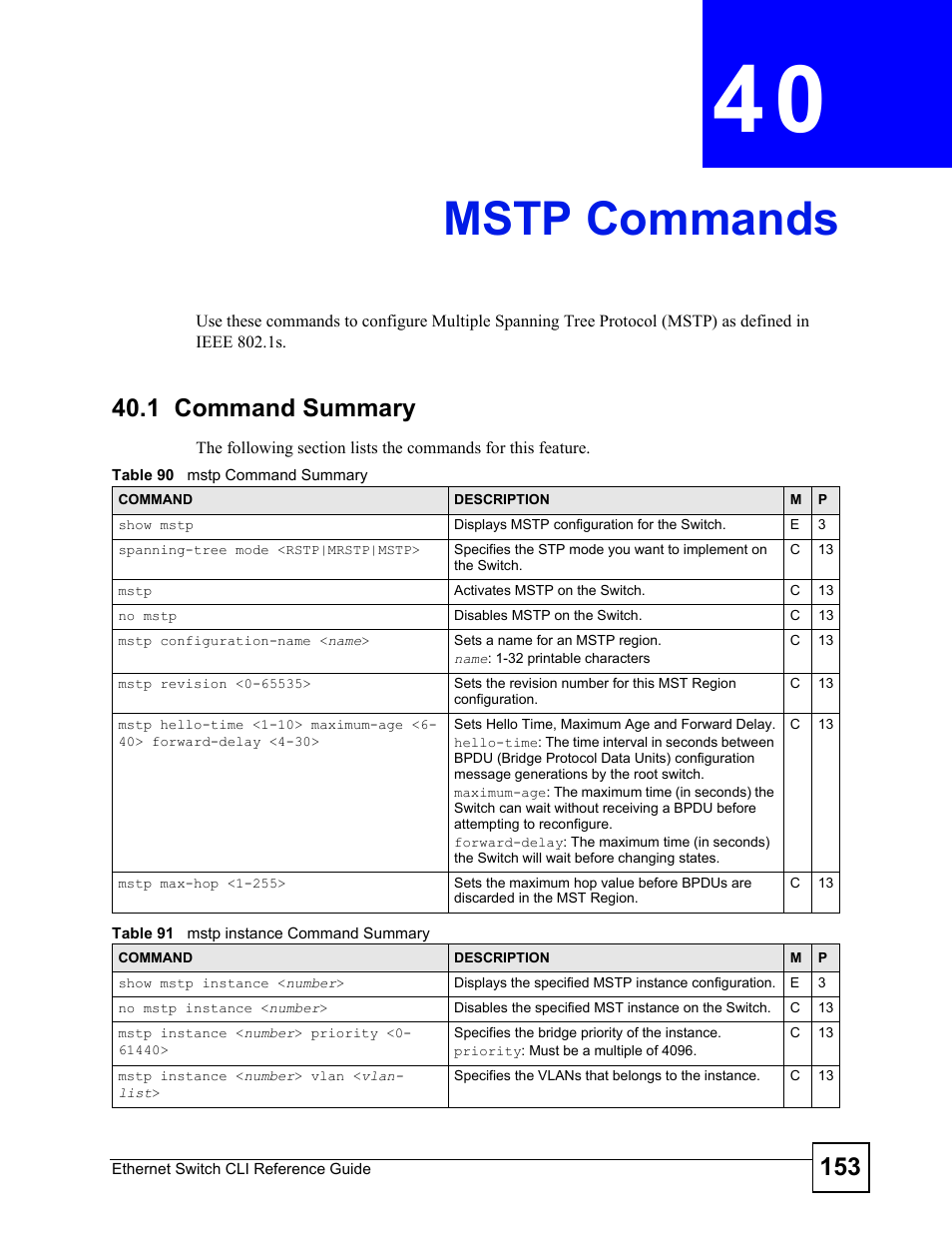 Mstp commands, 1 command summary, Mstp commands (153) | ZyXEL Communications ZyXEL Dimension ES-2024PWR User Manual | Page 153 / 286