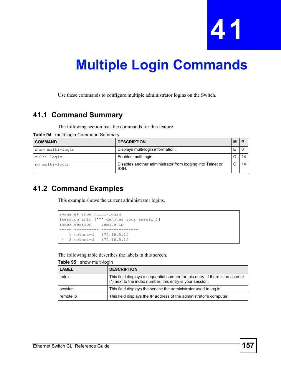 Multiple login commands, 1 command summary, 2 command examples | Multiple login commands (157) | ZyXEL Communications ZyXEL Dimension ES-2024PWR User Manual | Page 157 / 286