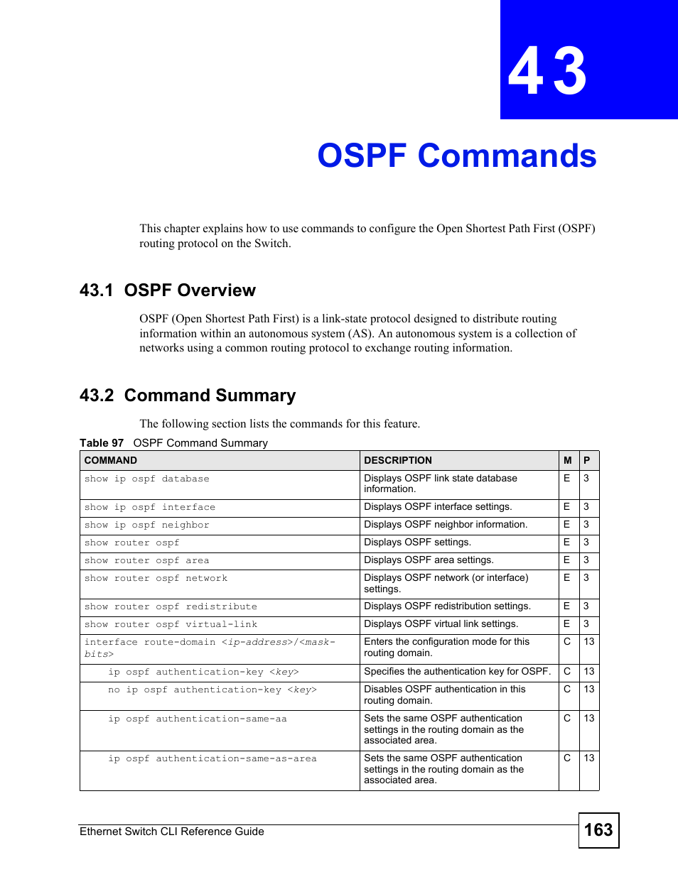 Ospf commands, 1 ospf overview, 2 command summary | Ospf commands (163) | ZyXEL Communications ZyXEL Dimension ES-2024PWR User Manual | Page 163 / 286