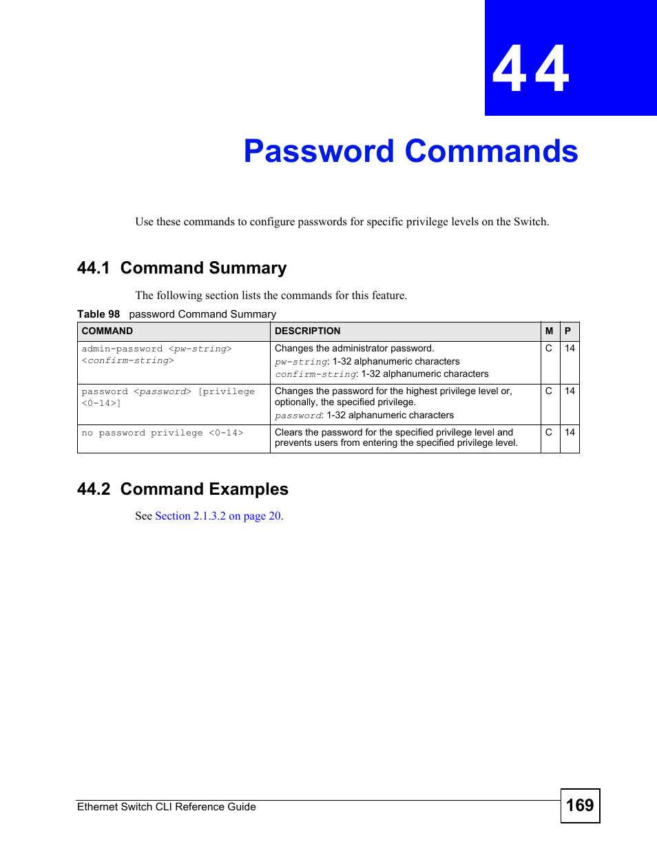 Password commands, 1 command summary, 2 command examples | Password commands (169) | ZyXEL Communications ZyXEL Dimension ES-2024PWR User Manual | Page 169 / 286