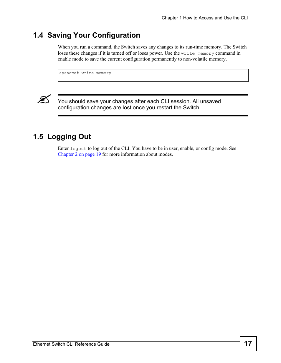 4 saving your configuration, 5 logging out, 17 1.4 saving your configuration | ZyXEL Communications ZyXEL Dimension ES-2024PWR User Manual | Page 17 / 286