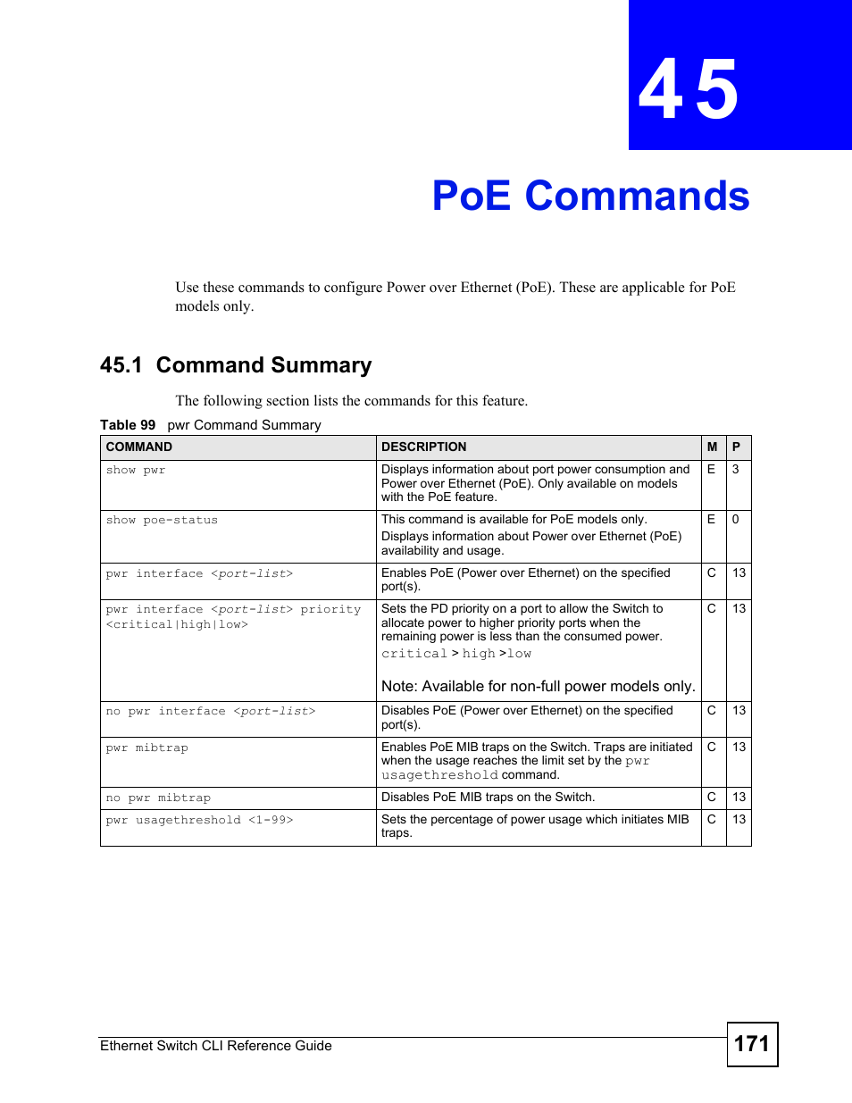 Poe commands, 1 command summary, Poe commands (171) | ZyXEL Communications ZyXEL Dimension ES-2024PWR User Manual | Page 171 / 286