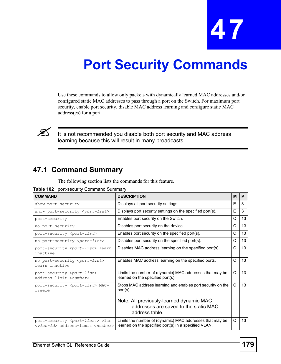 Port security commands, 1 command summary, Chapter | Port security commands (179) | ZyXEL Communications ZyXEL Dimension ES-2024PWR User Manual | Page 179 / 286