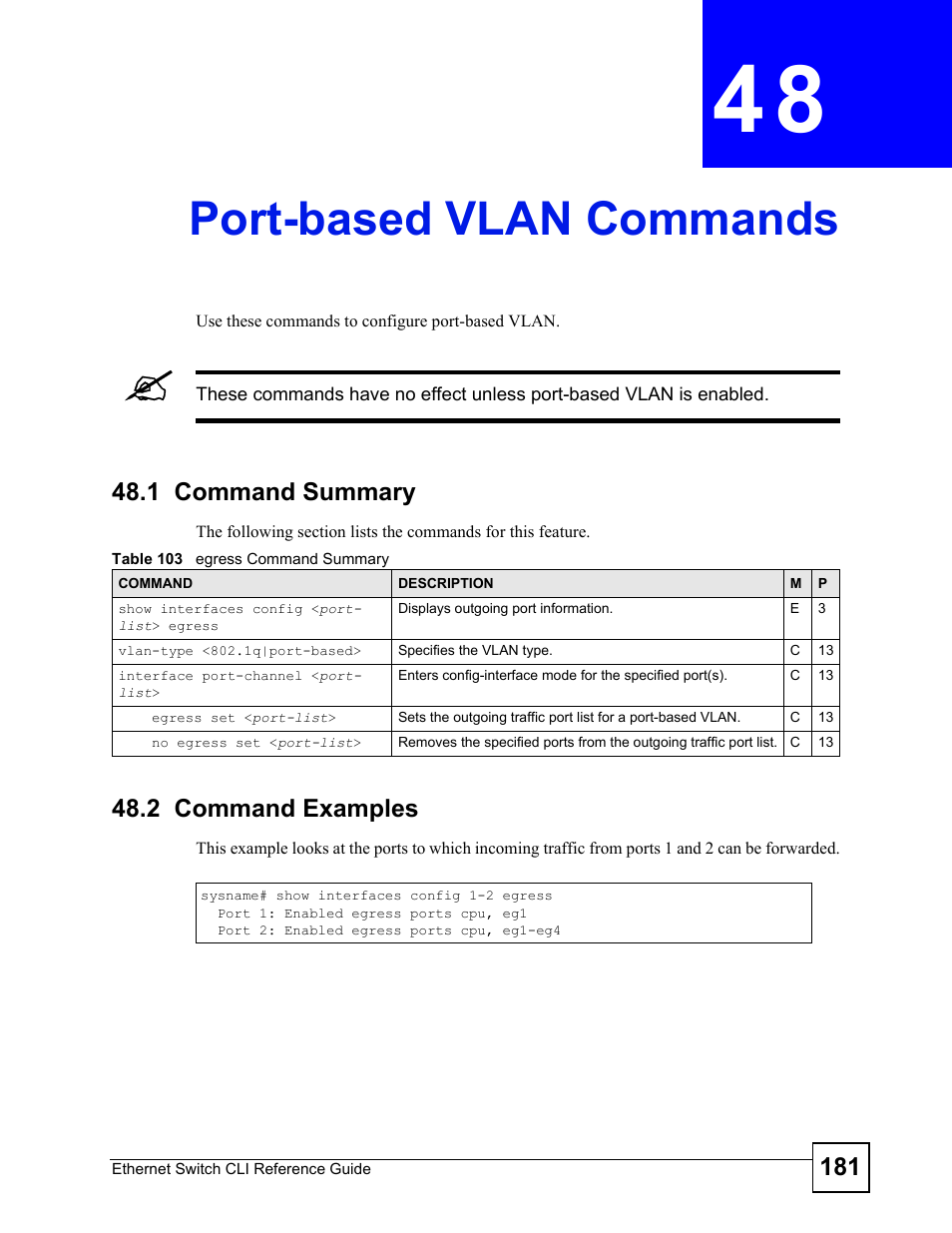 Port-based vlan commands, 1 command summary, 2 command examples | Port-based vlan commands (181) | ZyXEL Communications ZyXEL Dimension ES-2024PWR User Manual | Page 181 / 286
