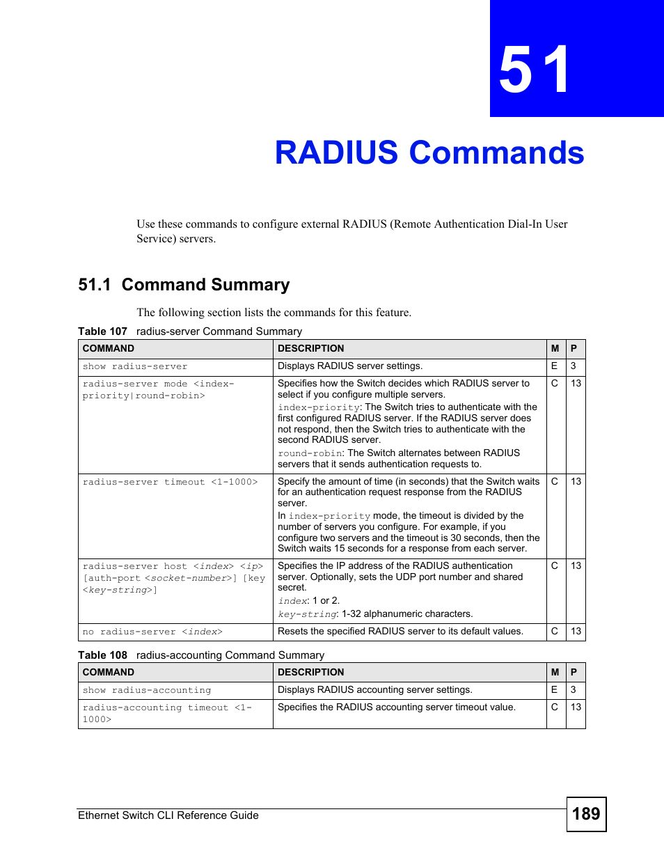 Radius commands, 1 command summary, Configure a radius server (see | Radius commands (189) | ZyXEL Communications ZyXEL Dimension ES-2024PWR User Manual | Page 189 / 286