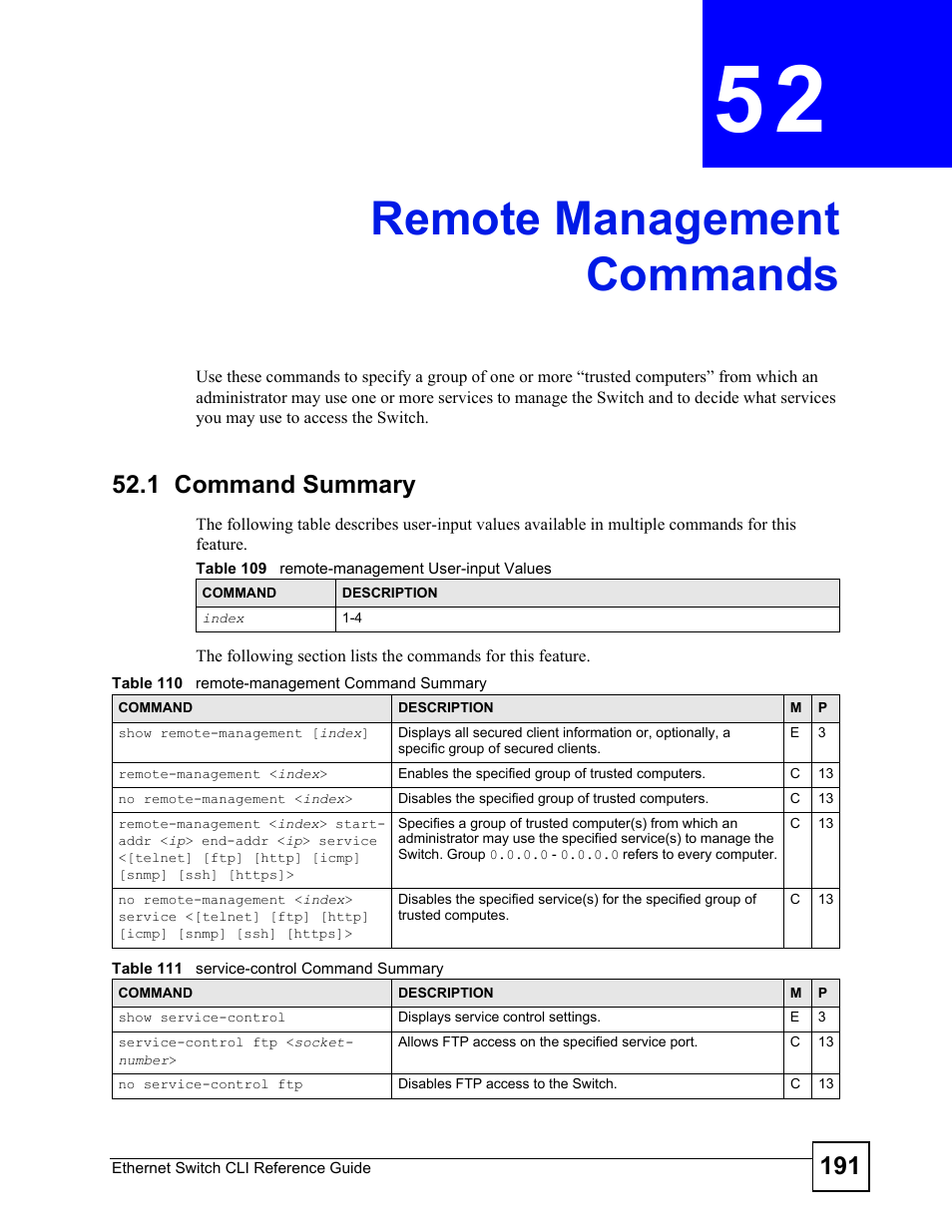 Remote management commands, 1 command summary, Remote management commands (191) | ZyXEL Communications ZyXEL Dimension ES-2024PWR User Manual | Page 191 / 286