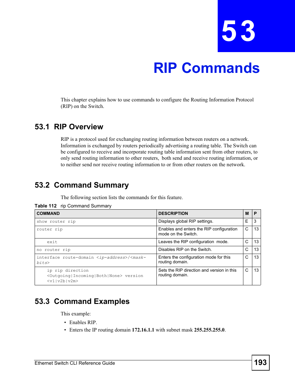 Rip commands, 1 rip overview, 2 command summary | 3 command examples, Rip commands (193) | ZyXEL Communications ZyXEL Dimension ES-2024PWR User Manual | Page 193 / 286
