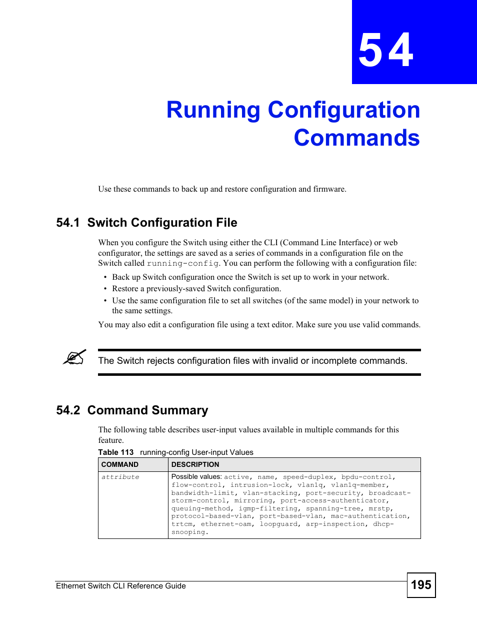 Running configuration commands, 1 switch configuration file, 2 command summary | Running configuration commands (195) | ZyXEL Communications ZyXEL Dimension ES-2024PWR User Manual | Page 195 / 286