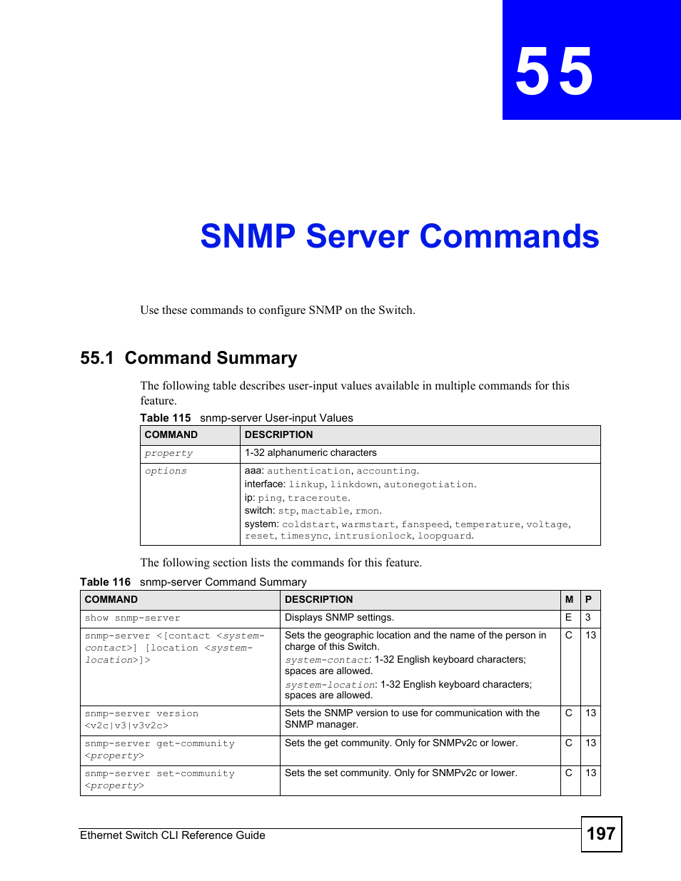 Snmp server commands, 1 command summary, Snmp server commands (197) | ZyXEL Communications ZyXEL Dimension ES-2024PWR User Manual | Page 197 / 286