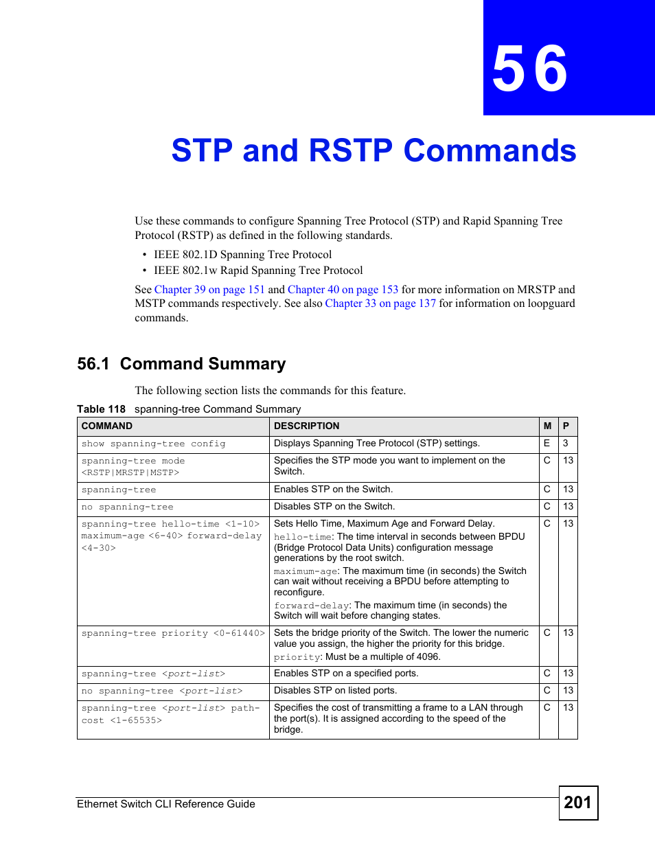 Stp and rstp commands, 1 command summary, Stp and rstp commands (201) | ZyXEL Communications ZyXEL Dimension ES-2024PWR User Manual | Page 201 / 286
