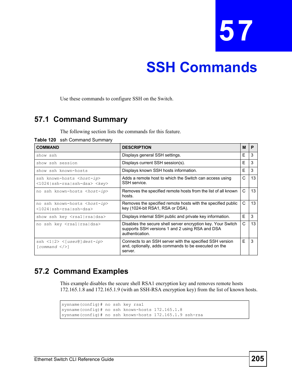 Ssh commands, 1 command summary, 2 command examples | Ssh commands (205) | ZyXEL Communications ZyXEL Dimension ES-2024PWR User Manual | Page 205 / 286