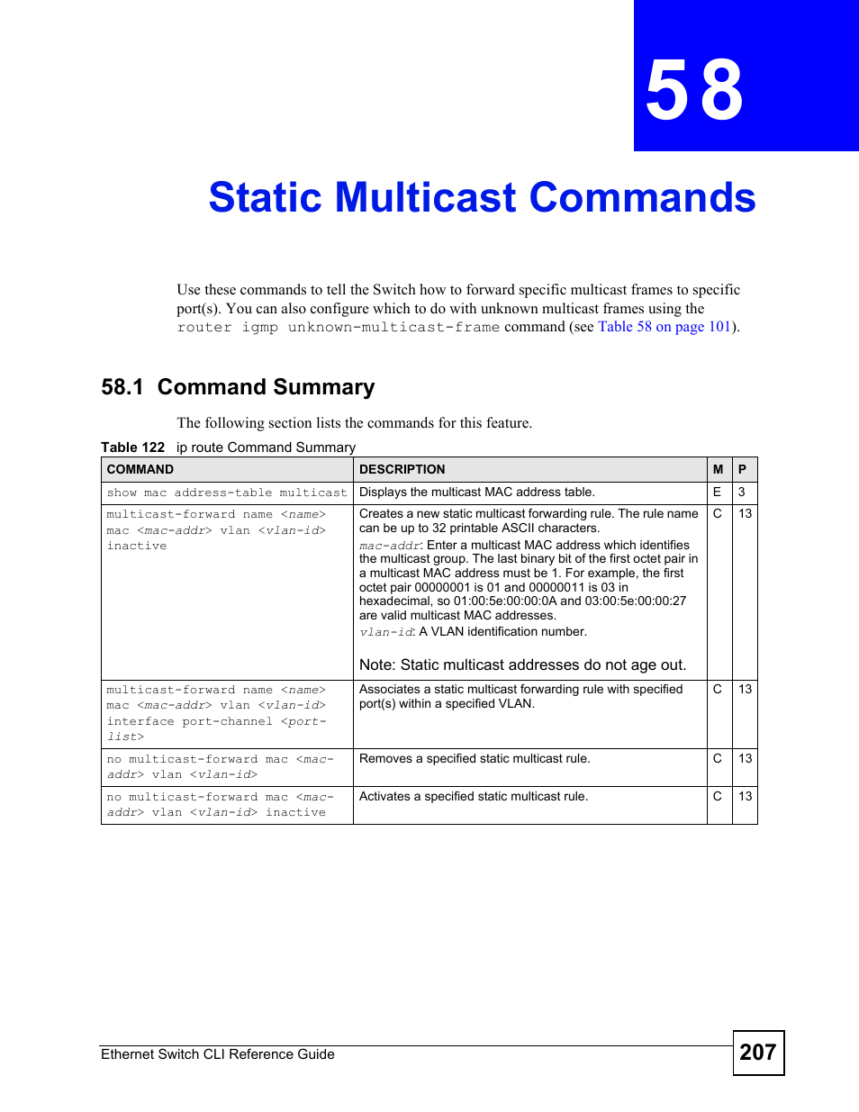 Static multicast commands, 1 command summary, Static multicast commands (207) | ZyXEL Communications ZyXEL Dimension ES-2024PWR User Manual | Page 207 / 286