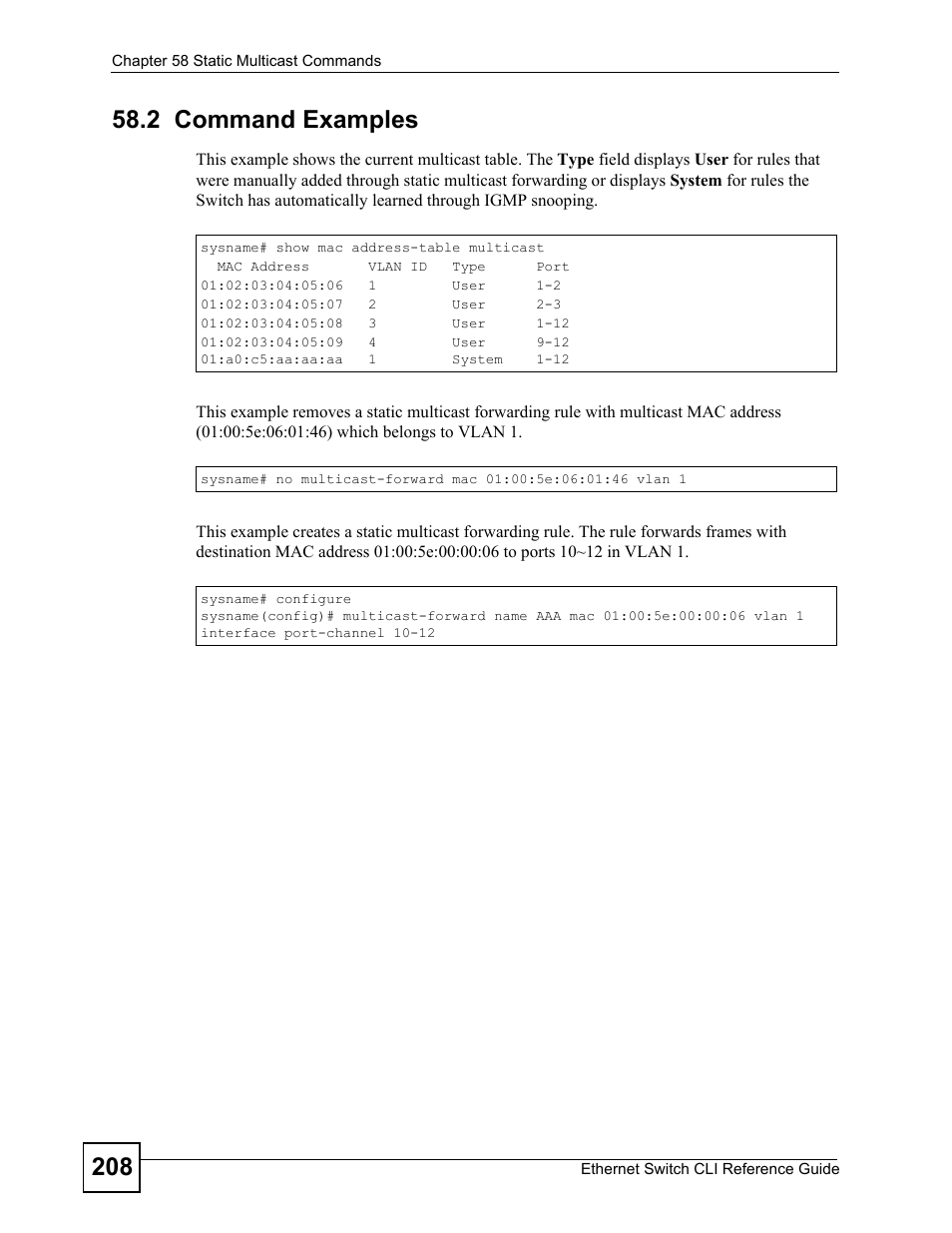 2 command examples | ZyXEL Communications ZyXEL Dimension ES-2024PWR User Manual | Page 208 / 286
