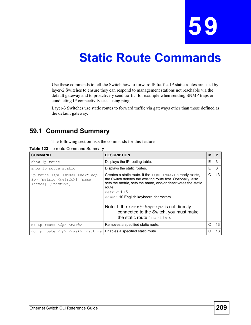 Static route commands, 1 command summary, Static route commands (209) | ZyXEL Communications ZyXEL Dimension ES-2024PWR User Manual | Page 209 / 286