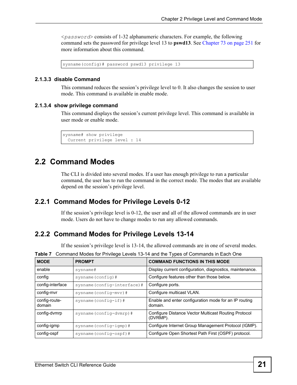 2 command modes, 1 command modes for privilege levels 0-12, 2 command modes for privilege levels 13-14 | ZyXEL Communications ZyXEL Dimension ES-2024PWR User Manual | Page 21 / 286