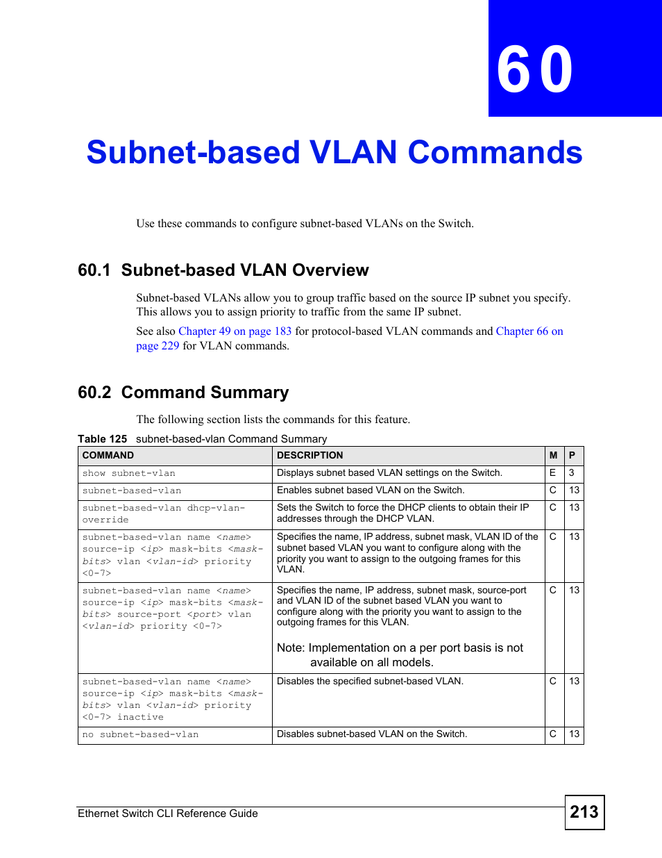Subnet-based vlan commands, 1 subnet-based vlan overview, 2 command summary | Subnet-based vlan commands (213), See also | ZyXEL Communications ZyXEL Dimension ES-2024PWR User Manual | Page 213 / 286