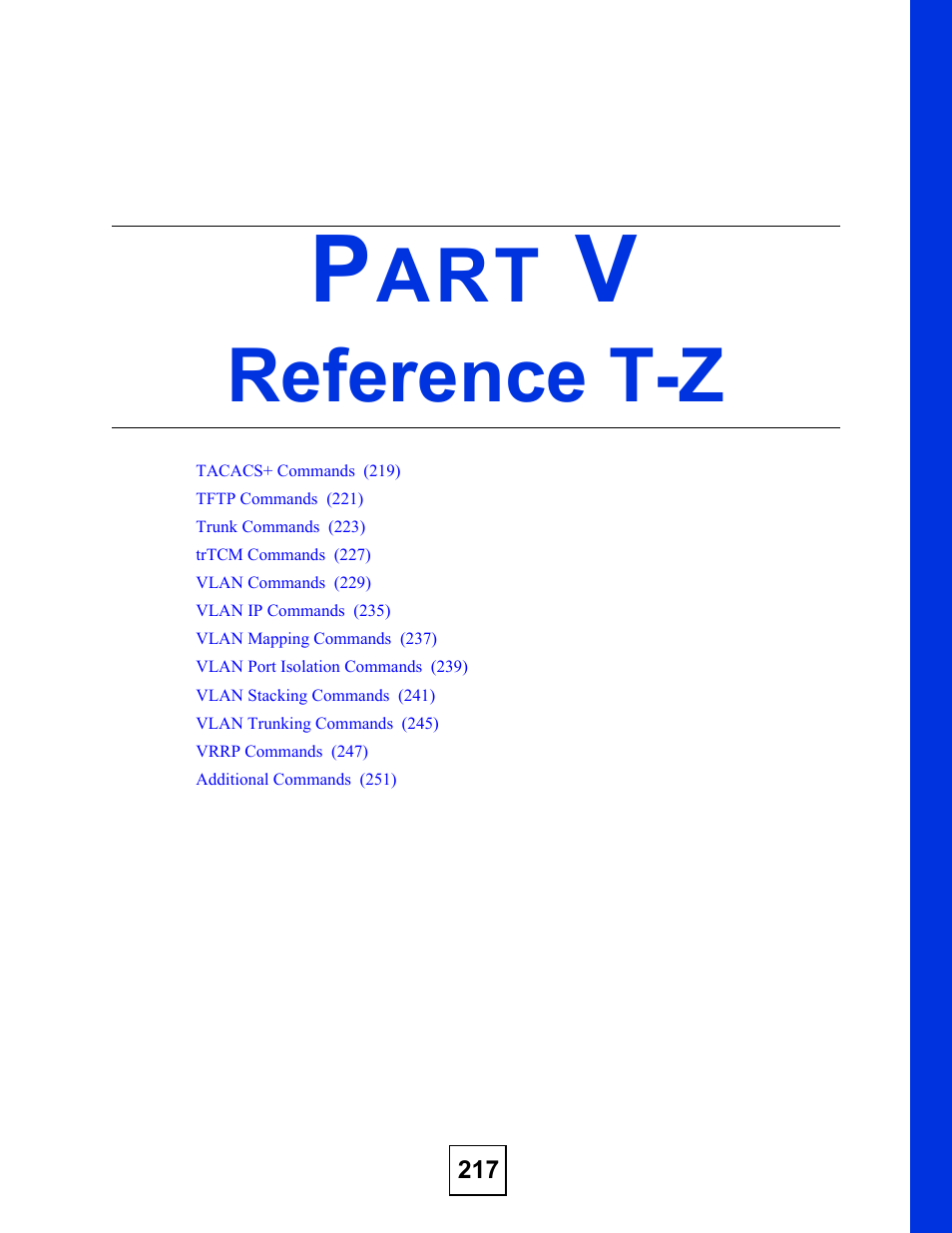 Reference t-z | ZyXEL Communications ZyXEL Dimension ES-2024PWR User Manual | Page 217 / 286