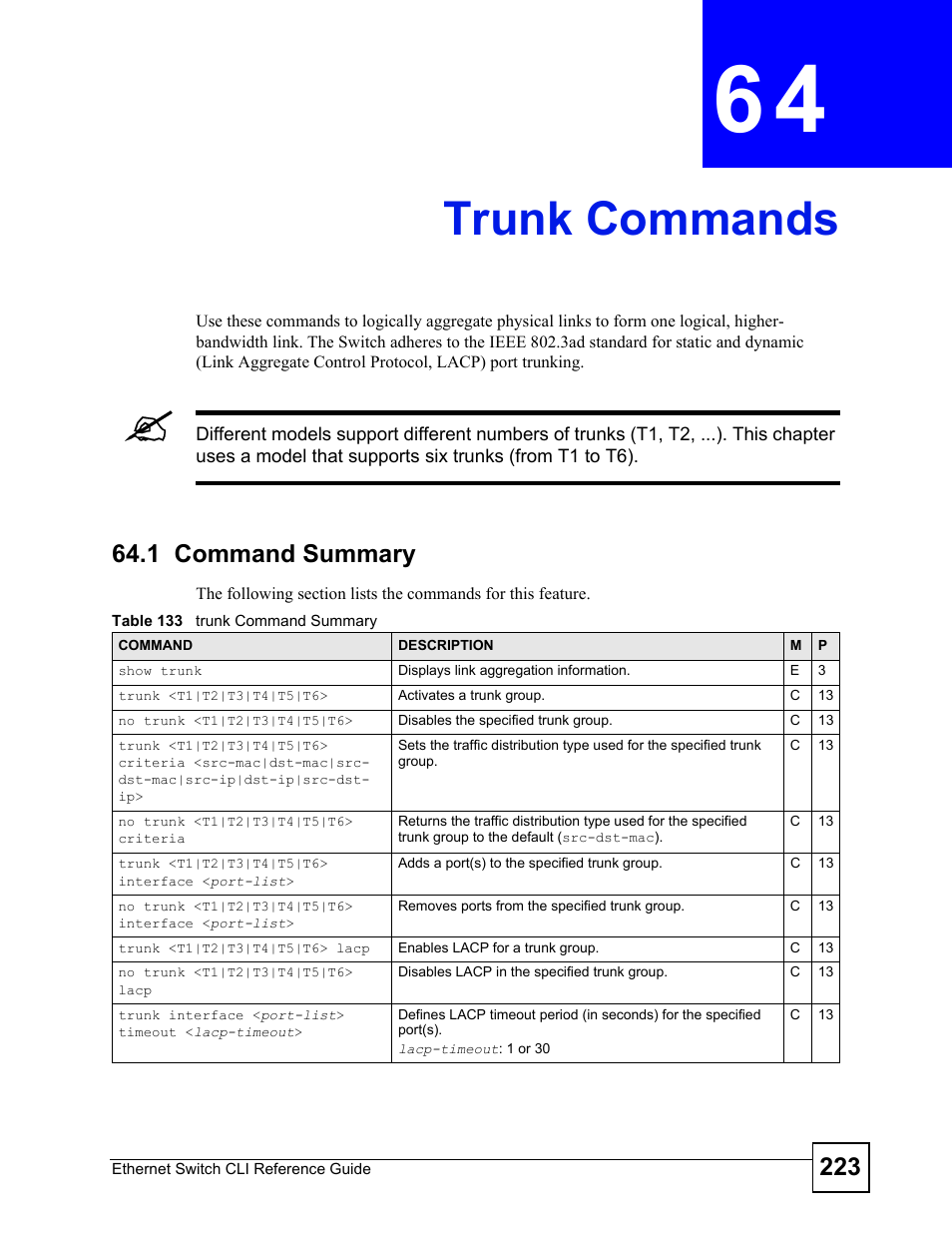 Trunk commands, 1 command summary, Trunk commands (223) | ZyXEL Communications ZyXEL Dimension ES-2024PWR User Manual | Page 223 / 286