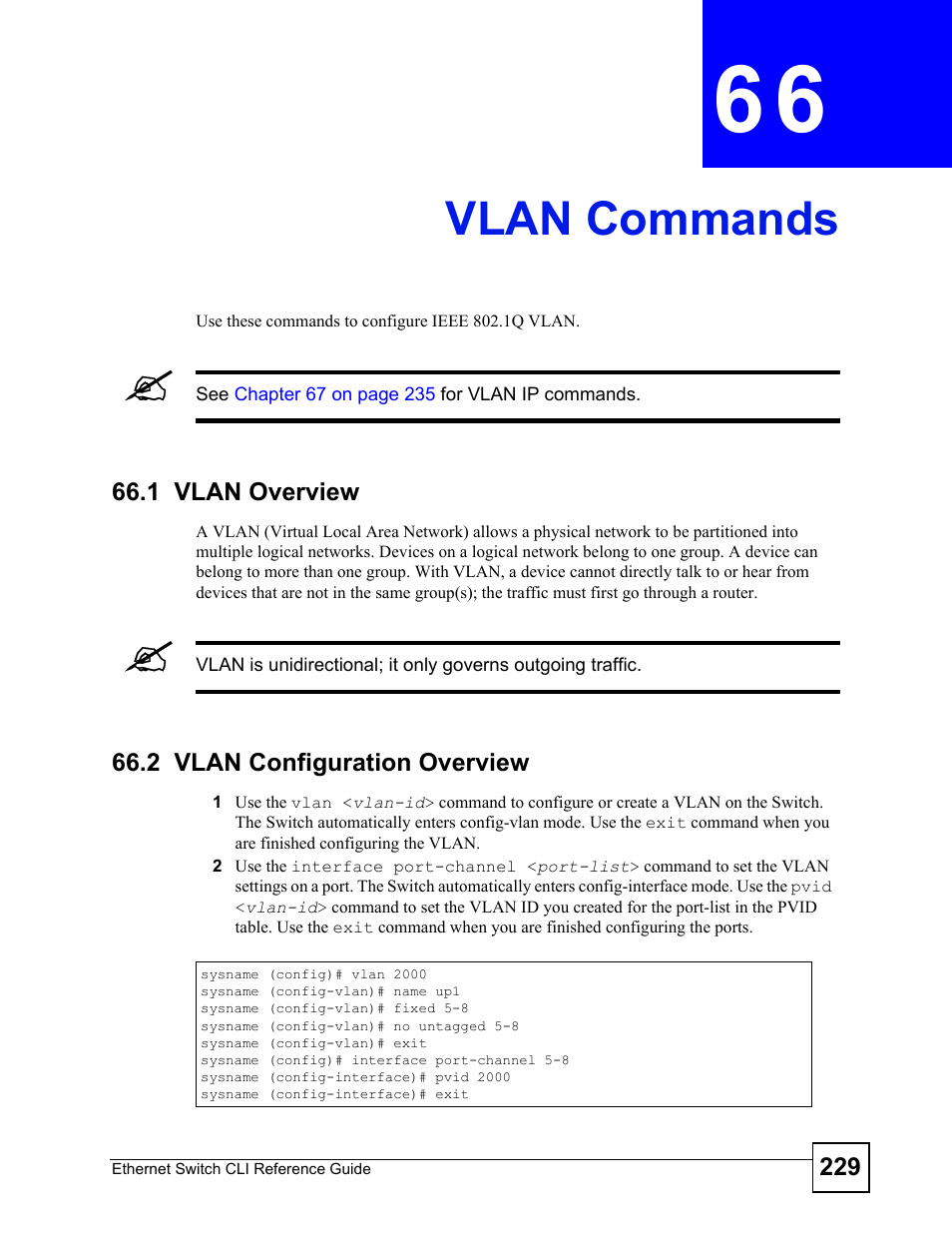 Vlan commands, 1 vlan overview, 2 vlan configuration overview | Chapter 66 on, For vlan, Vlan commands (229) | ZyXEL Communications ZyXEL Dimension ES-2024PWR User Manual | Page 229 / 286