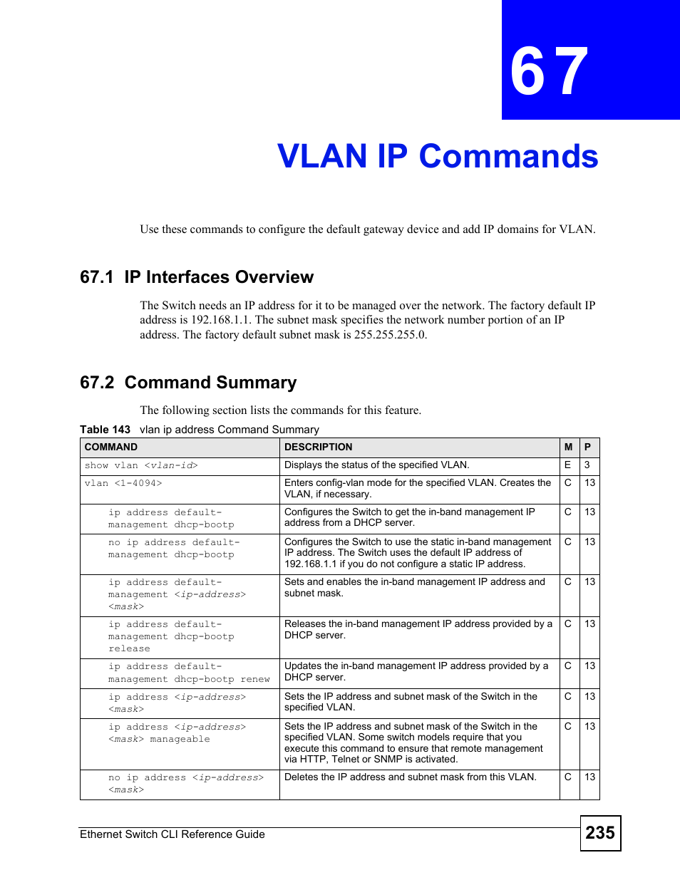 Vlan ip commands, 1 ip interfaces overview, 2 command summary | Vlan ip commands (235) | ZyXEL Communications ZyXEL Dimension ES-2024PWR User Manual | Page 235 / 286